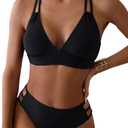 Tainehs Women's Push Up V Neck Bikini Sets Criss Cross Back Two Piece Bathing Suit (Black, Small)