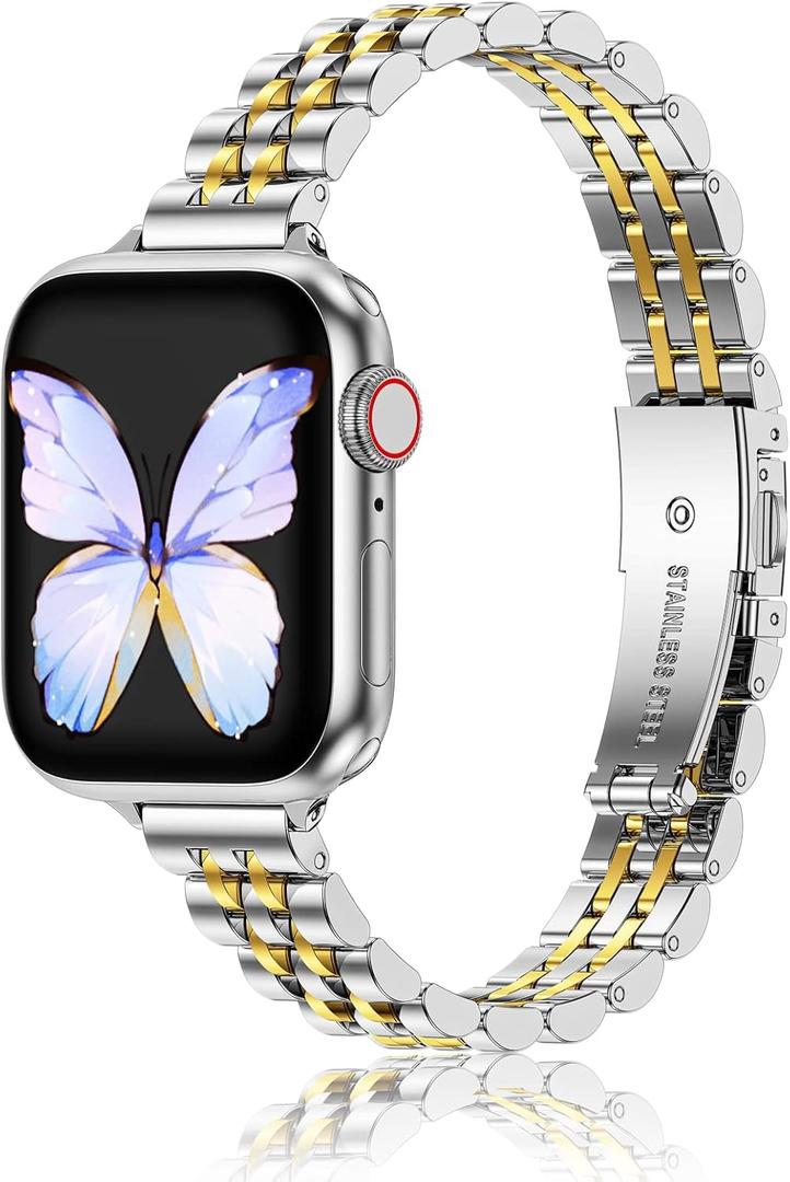 MioHHR Slim Metal Band Compatible with Apple Watch Band 42mm(Series 10) 41mm 40mm 38mm, Dressy Stainless Steel Chain Strap for Women iWatch Bands Series 9 8 7 6 5 4 3 2 1 SE, Silver/ Gold