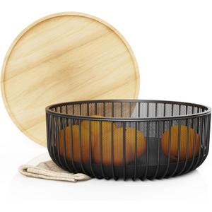 Metal Wire Mesh Fruit Basket with Wooden Lid - Fly-Proof Indoor Solution for Fresh Fruits - Covered Fruit Bowl with Lid - Produce Cover Against Flies for Vegetables - Black