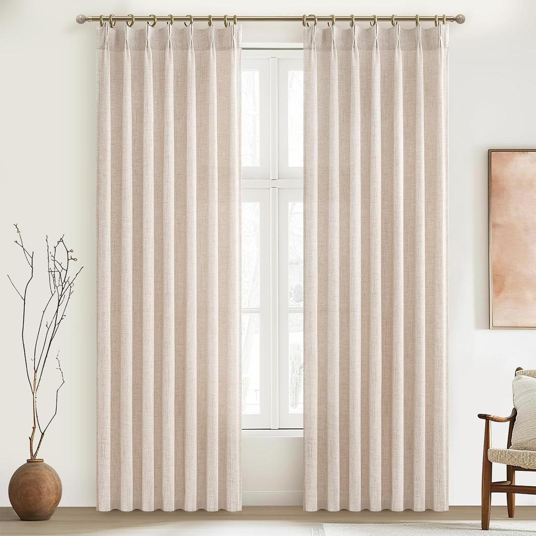 PleatedDrapes Textured Semi Sheer Burlap Curtains 84 Inches Long, Neutral Country Tan Beige Flax Linen Ceiling Track Light Filtering Curtains for Sliding Glass Door/Ofiice 2 Panels Hooks Privacy Drape