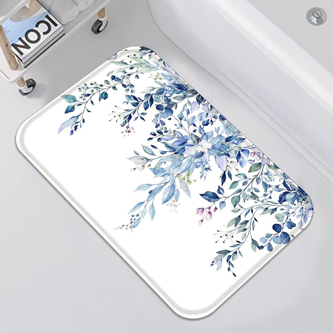 Blue Eucalyptus Small Bathroom Rugs Mat Watercolor Plant Leaves with Floral Bath Rug 24 x 16 in Water Absorbent Non Slip Washable Shower Mat Memory Foam Bath Mats for Bathroom Decor
