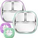 BUSOHA 2 Pack Stainless Steel Kids Plate with Suction - 9.4"X 8.6" Divided Toddler Baby Plates with Silicone Sleeves Non-Slip 2-in-1 Anti Breakage Metal Toddler Bowls (Purple + Green)