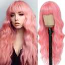 Pink Wig with Bangs for Women Long Pink Wavy Wigs 26 Inch Natural Looking Heat Resistant Synthetic Wig for Daily Party Use