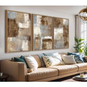 Large Abstract Framed Wall Art - Natural Float Framed Canvas Pictures Wall Art Prints for Living Room Decor Rustic Artwork Brown for Bedroom Kitchen Home Office Decoration 48" X 24" Set of 3, 16" X 24" X 3pieces Framed