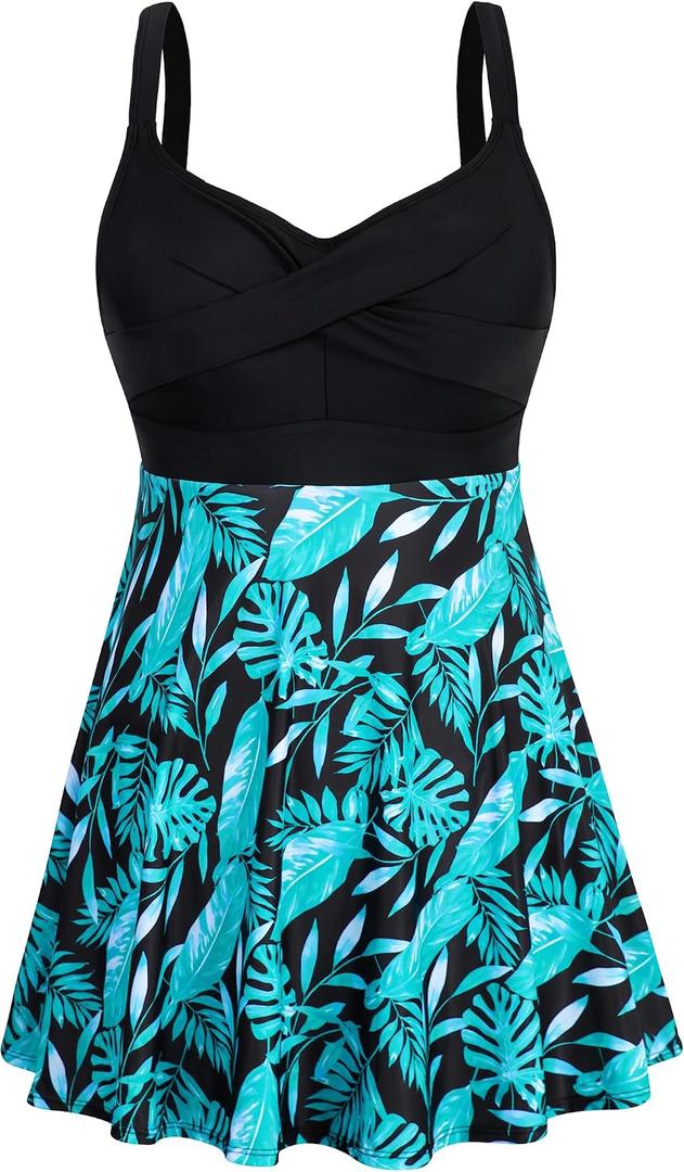 HUSKARY Plus Size Swimsuits for Women Tummy Control V Neck Swim Dress Two Piece Bathing Suit Flowy Tankini with Boyshorts (XXXL)