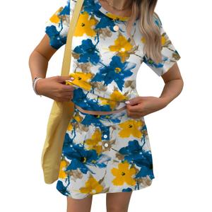 TCOT Pajamas for Women Set Summer Fashion Short Sleeve Crewneck Tops with Skirt Sets Pajama Casual Loungewear (Small, B Blue Yellow Floral)
