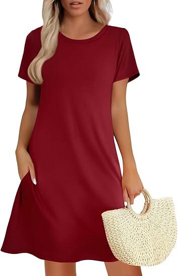 Women's Summer A-Line Dress Mini Short Sleeve T Shirt Dress Flowy Sundresses Beach Cover Ups 2025 Vacation S (WineRed)