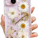 Clear Case for iPhone 14 Plus/15 Plus - Real Flowers Design, Glitter Cute White Floral Pattern, Slim Soft TPU Protective Cover
