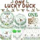 Mallard Duck 1st Birthday Decorations, One Lucky Duck Paper Plates 9'' and 7'', Napkins, Cups, 2Pcs Tablecloths, Banner, Cake Topper Duck Hunting Party Supplies Serves 24