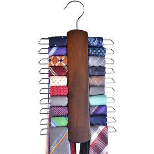 Umo Lorenzo Premium Wooden Necktie and Belt Hanger, Walnut Wood Center Organizer and Storage Rack with a Non-Slip Finish - 20 Hooks (Wooden)