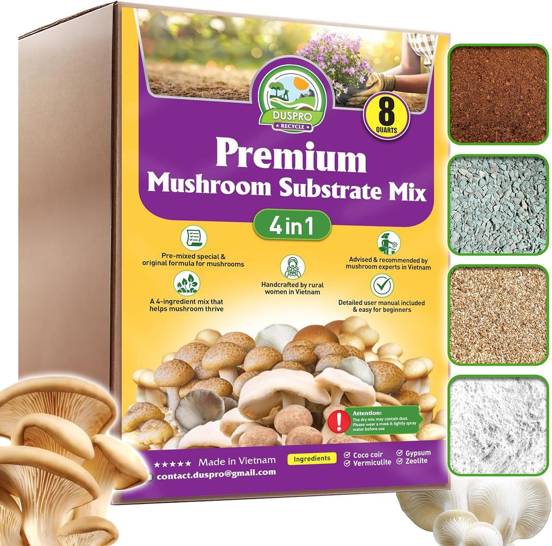 DUSPRO Recycle Premium 4-in-1 Mushroom Substrate Mix with Coco Coir, Zeolite, Gypsum & Vermiculite  Ideal Mushroom Growing Mix for Gardening, Moisture Retention, pH Balance & Ready to Use Mixture 8QT