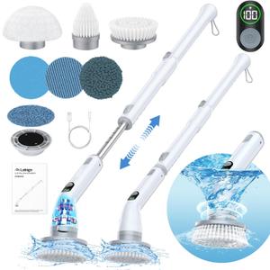 LABIGO Electric Spin Scrubber LA4 Pro, Dual Speed Bathroom Scrubber with Display & 6 Replacement Cleaning Heads, Cordless Power Scrubber with Adjustable & Detachable Handle for Bathroom Floor Tile