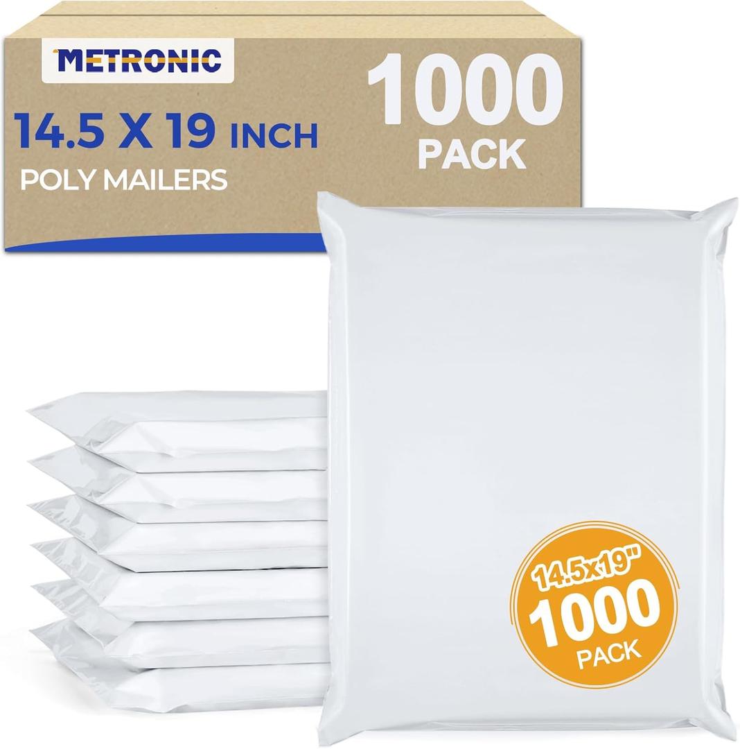 Metronic Poly Mailers 14x19 1000 Pack, Heavy Duty Shipping Bags Bulk Self Seal Waterproof Tear Weather Resistant Large Mailing Envelopes, Packaging bags for Small Business, Boutique, Clothing, White, 14.5x19 1000PC