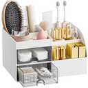 Makeup Organizer with 2 Drawers, Makeup Organizers Countertop for Vanity and Bathroom, Make up organization and Skincare Storage with Brush Holder, for Dresser, Desktop, Cosmetic Display Case (White)