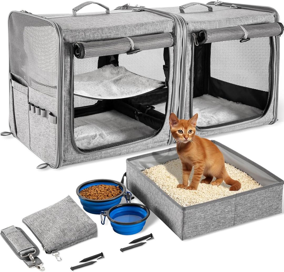 Suertree Cat Carrier for 2 Cats, Pet Travel Carrier with Litter Box for Cats and Small Dogs Up to 45 Lbs, Bowls, and Locking Zippers, Gray ((15.9*2)*14.5*15.5in, Grey)