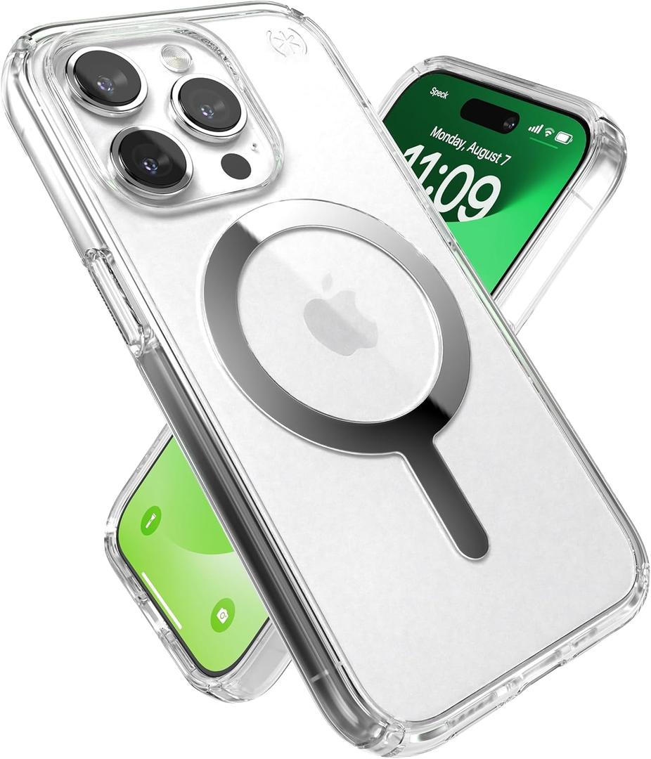 Speck Clear iPhone 15 Pro Case - Built for MagSafe, Drop Protection - Scratch Resistant, Anti-Yellowing, 6.1 Inch Phone Case - Presidio Clear/Chrome Finish