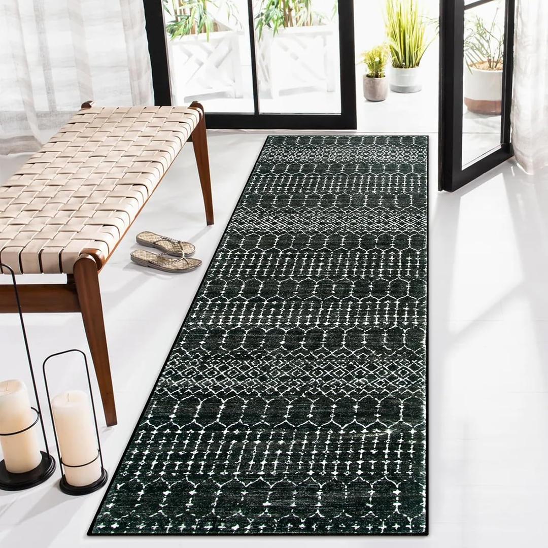 Lahome Moroccan Black Washable Runner 2x5 Non-Slip Lightweight Laundry Room Rug Throw Soft Long Bathroom Rug, Geometric Print Carpet Runners for Kitchen Hallway (Black, 2'x5'')