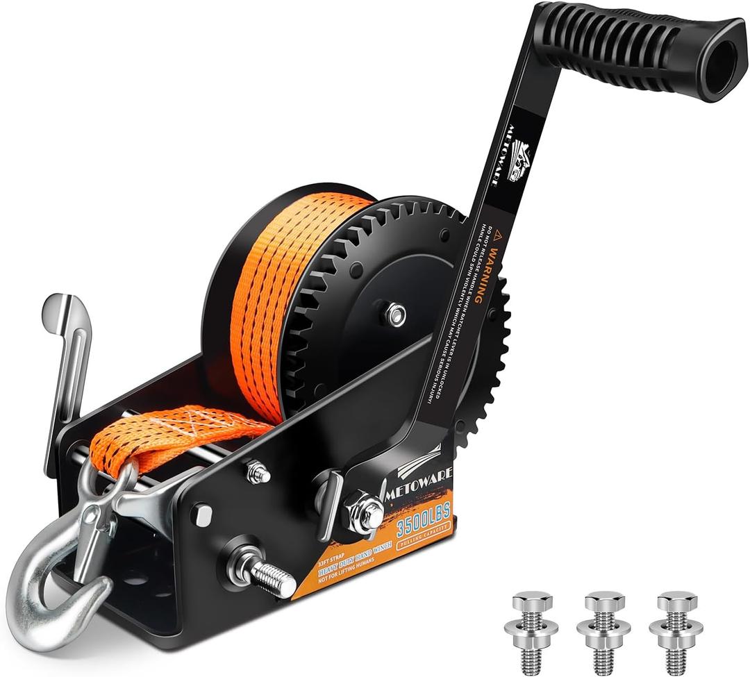METOWARE 3500LBs Boat Trailer Winch with 33 Ft(10M) Polyester Strap, Hand Winch Heavy Duty Hook 2-Way Ratchet 4:1/8:1 Gear, Portable Hand Crank Winch for Boat, Trucks, ATV, Trailer, Jet Ski