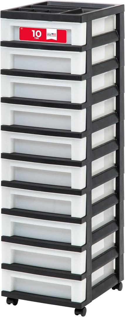 IRIS USA Plastic Drawer Storage Organizer Rolling Cart, with Wheels Casters, 10-Drawers, for Classroom Art Craft Supplies Dresser Closet Bathroom Laundry Room, Black