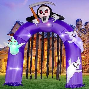 VENLOIS 6FT Halloween Inflatables Giant Grim Reaper Arch with Three White Ghosts, Built-in LEDs for Halloween Blow-Up Indoor-Outdoor Decoration, Cute Fun Holiday/Party/Yard/Garden Fantasy Party Display