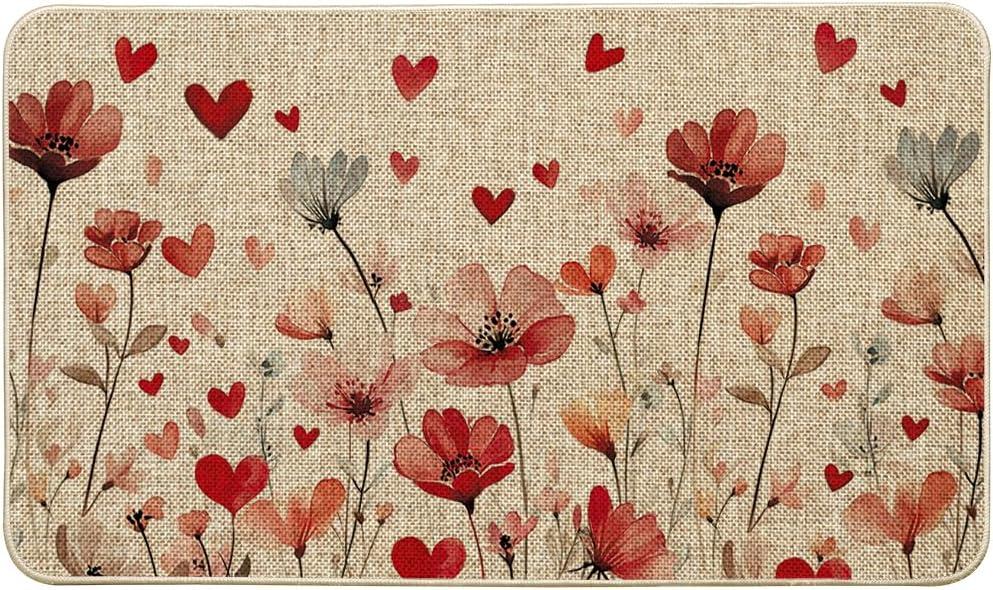 Artoid Mode Flowers Love Heart Valentines Doormat,Home Decor Low-Profile Door Mat Switch Rug Floor Mat for Indoor Outdoor 17x29 Inch