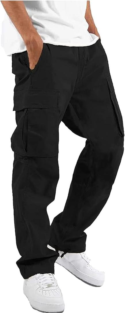 HUNGSON Mens Cargo Pants Drawstring Casual Hiking Pants Joggers Athletic Trousers Cotton Loose Straight Sweatpants for Men (Black, 34)