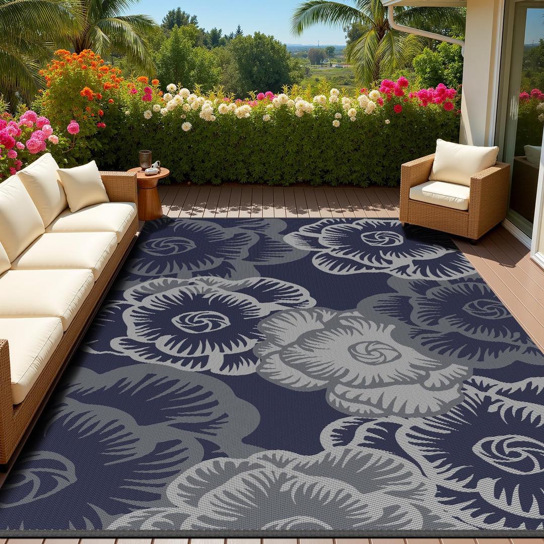 MontVoo Outdoor Rug-Waterproof Patio Rug Mat 5x8 Outdoor Carpet Mat Reversible Plastic Straw Outside Outdoor Rug for RV Camping Picnic Beach Balcony Backyard Pool Deck Farmhouse Floral Navy Blue