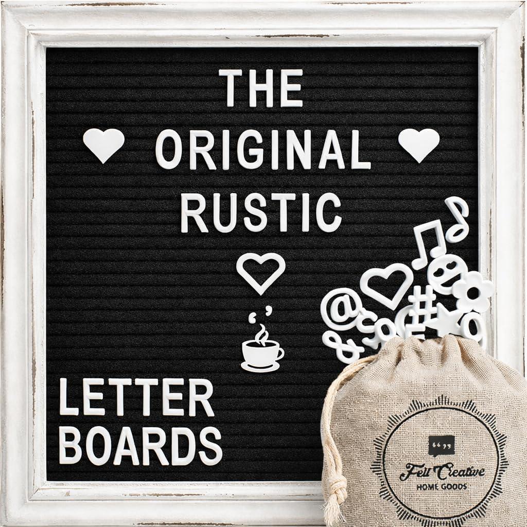 Black Felt Letter Board Baby Announcement Sign with Rustic Wood White Frame - Rustic Farmhouse Letter Board Sign with Stand - 10x10 Felt Board Changeable Message Board with 350 Letter Set