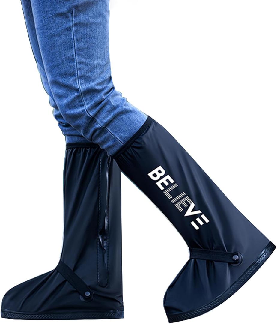 Waterproof Rain Shoe Covers Reusable Anti-Slip and Reflector Portable Motorcycle Rain Boots for Men Women (Large, Believe)