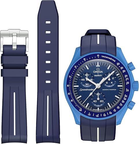 Bands for Moonswatch Watch,Curved No Gap Rubber Strap Compatible with Omega X Swatch Moonswatch Speedmaster/Rolex/SEIKO 20mm Watch,Swatch Omega Moonswatch Speedmaster Watch Replacement Band Men Women (Dark Blue white line)