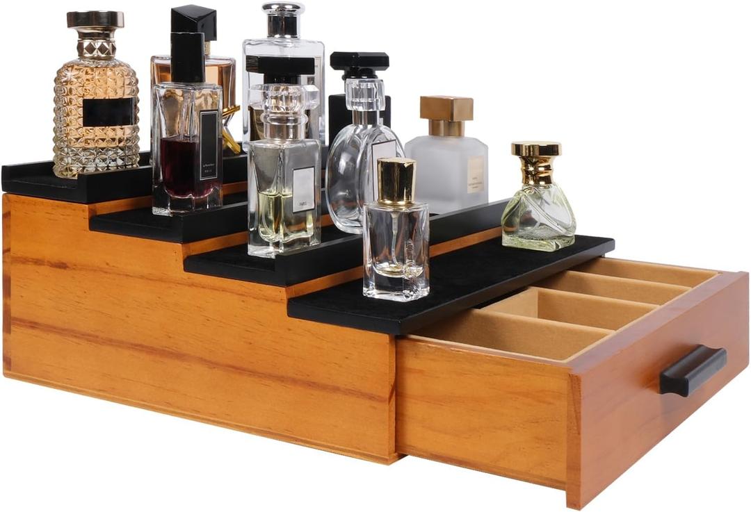 Cologne Organizer for Men4 Tier Wood Perfume Display Stand with Velvet Lining Drawer and Hidden Compartment Perfume Organizer for MenGreat Gift for Man (Walnut Black)