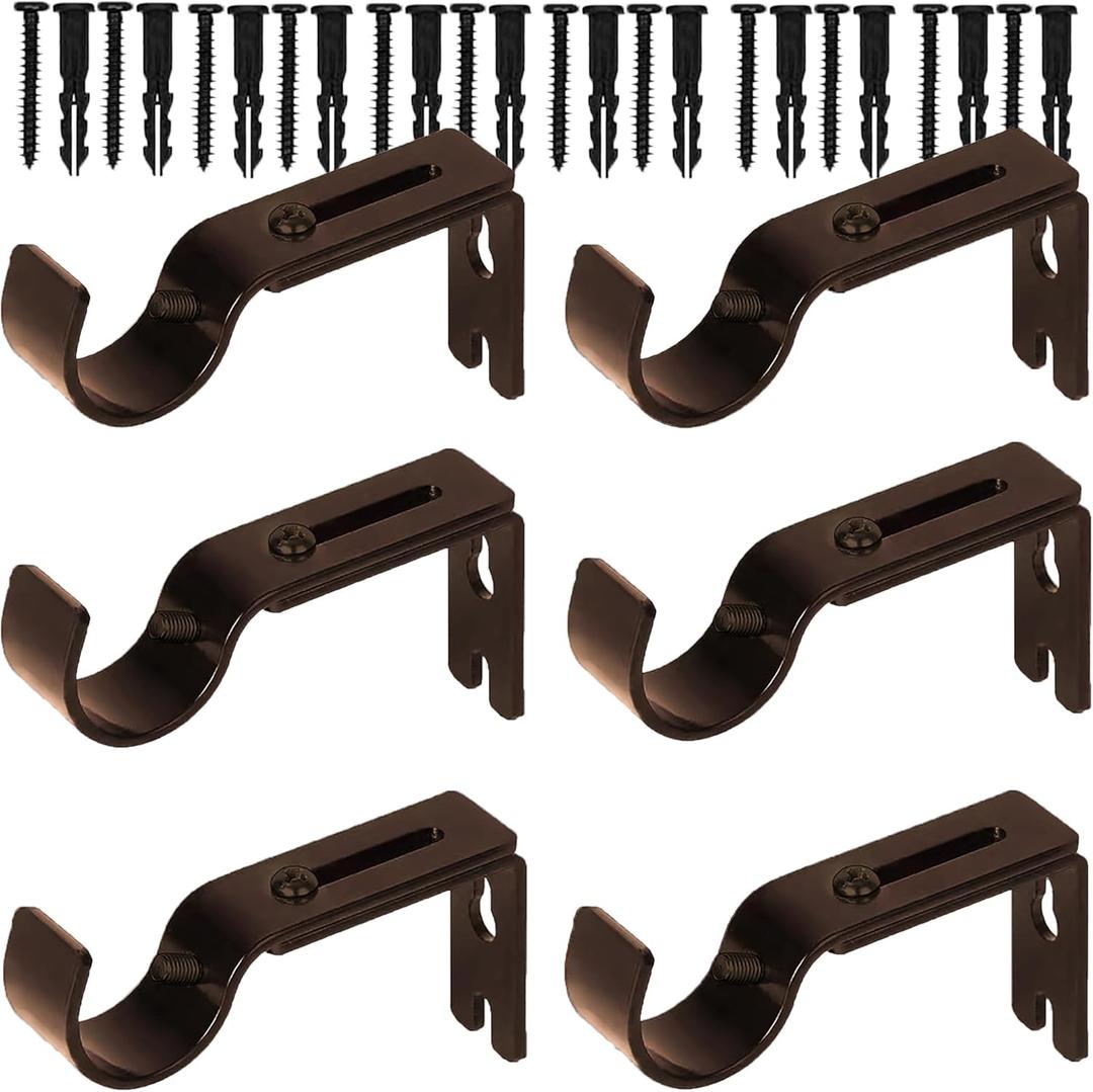 Premium Curtain Rod Brackets - 6 Pack Adjustable Wall Mounts, Curtain Rod Holders for 1 Inch Rod (Brown)