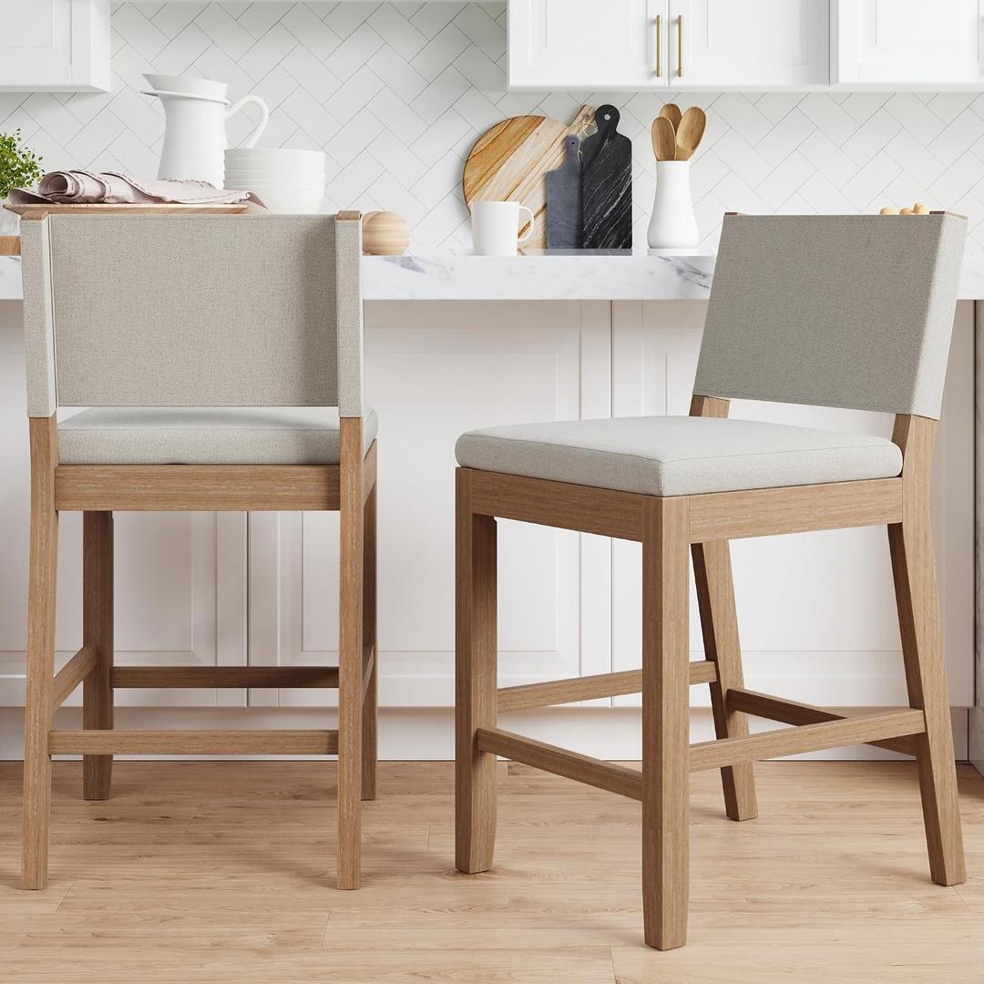 Nathan James Linus Modern Upholstered Counter Height Bar Stool with Back and Solid Rubberwood Legs in a Wire-Brushed Light Brown Finish, Natural Flax/Brown, Set of 2