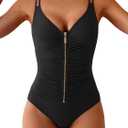Eomenie One Piece Swimsuit for Women Zip Front Tummy Control Bathing Suit Ruched Slimming Swimwear Double Straps Swim Suit (Small, Black)