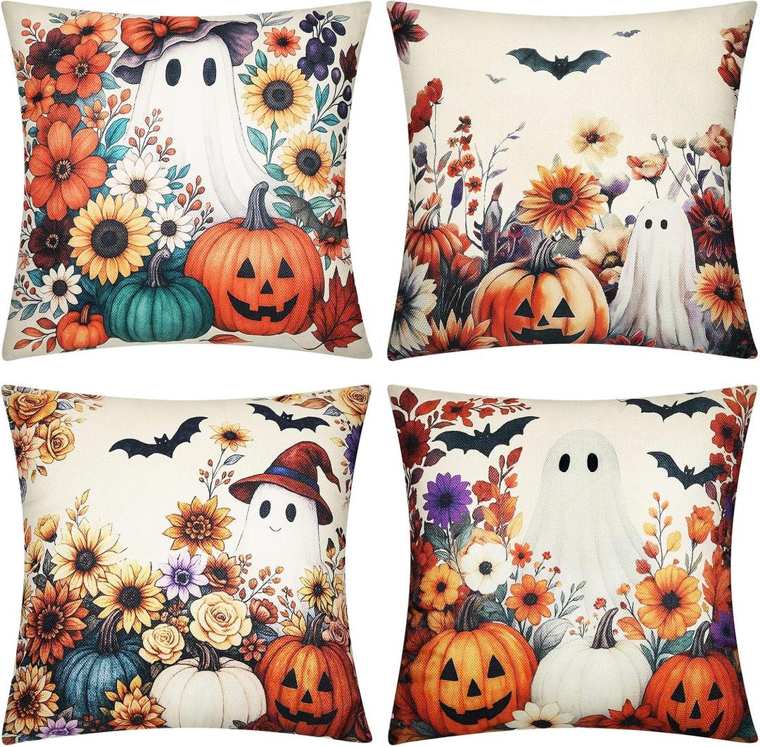 Weysat Halloween Horror Throw Pillow Covers 18 x 18 Inch Set of 4 Halloween Pillow Case Wildflower Pumpkins Ghost Bat Pattern Seasonal Decorative Horror Cushion Case Decoration for Home Sofa Couch Bed