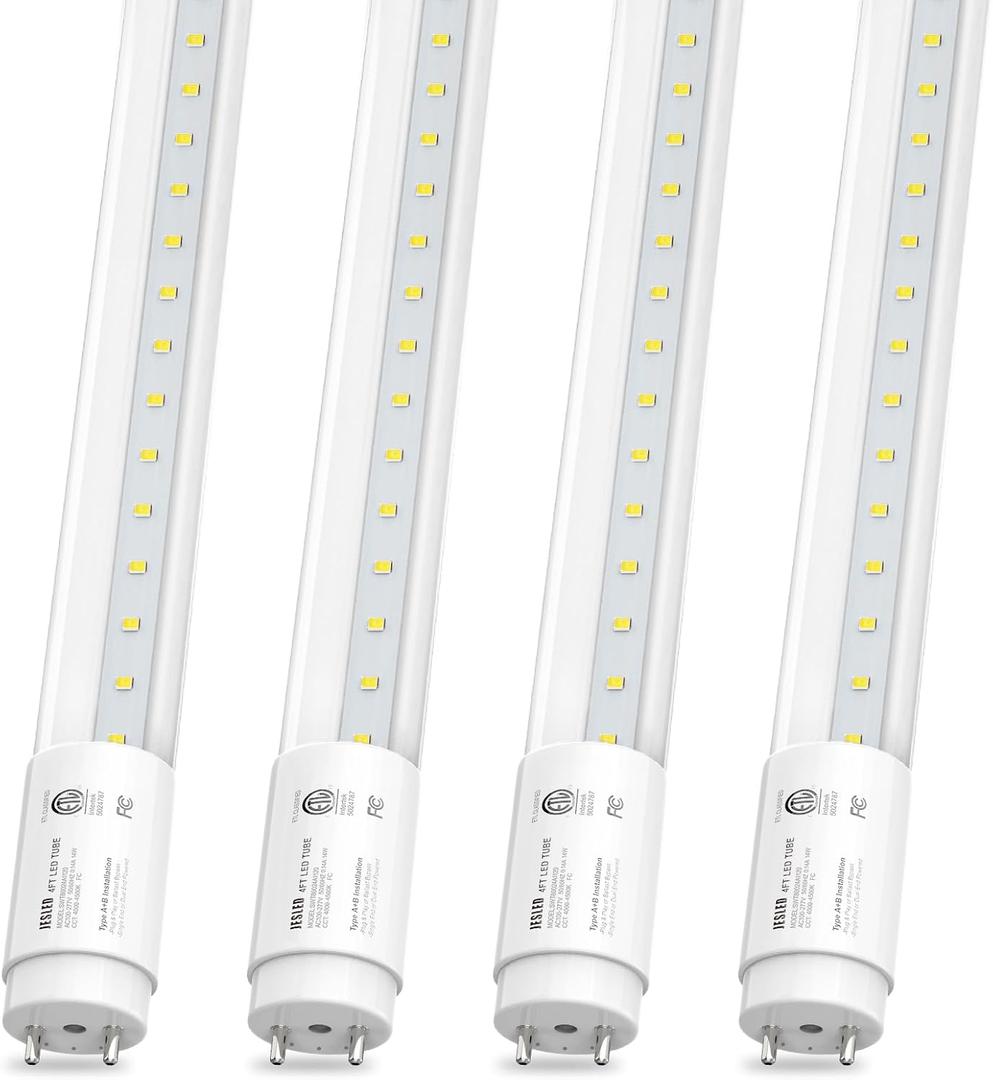 JESLED 4 Pack T8 LED Bulbs 4 Foot, 14W 2450LM 6000K Super Bright, Type A+B 4FT LED Bulbs, Fluorescent Tubes Replacement, Plug & Play or Ballast Bypass, Clear Cover