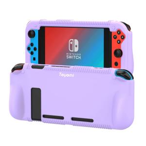 Teyomi Protective Silicone Case for Nintendo Switch, Grip Cover with Tempered Glass Screen Protector, 2 Storage Slots for Game Cards, Shock-Absorption & Anti-Scratch (Purple)