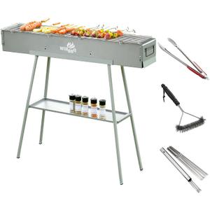 WILLBBQ Charcoal Grill for Tailgate Patio Beach Backyard, Alloy Steel BBQ Barbecue Outdoor Grilling with Durable Support Frame and Dual Adjustable Vents (39.4x7.1x5.1 inch With Accessories)