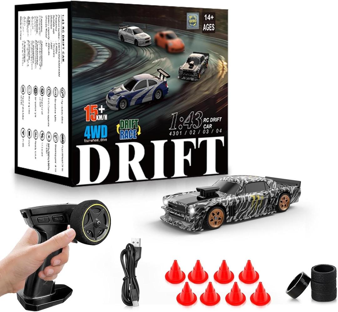 RC Drift car, 1/43 Mini Rc Drift car with Gyroscope, 2.4GHz Full Proportional Remote control Cars, 4WD High Speed Racing with Lights, Racing Tires, Model Cars Gift for Adults, Kids, Boys, Girls (Black)