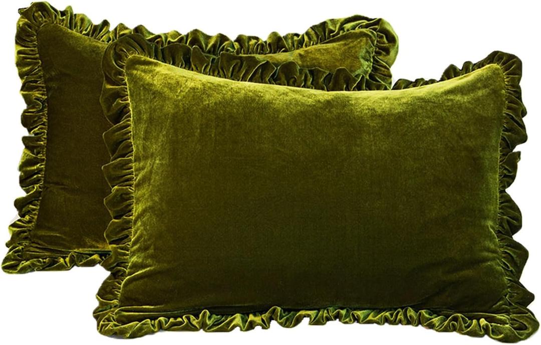 GLORY SEASON Velvet Pillow Shams Set of 2 Retro Ruffle Flounces Trim Soft Decorative Luxurious Solid Olive Green Farmhouse Vintage Pillow Cases for Bedroom Decor 20x26 inches Olive Green