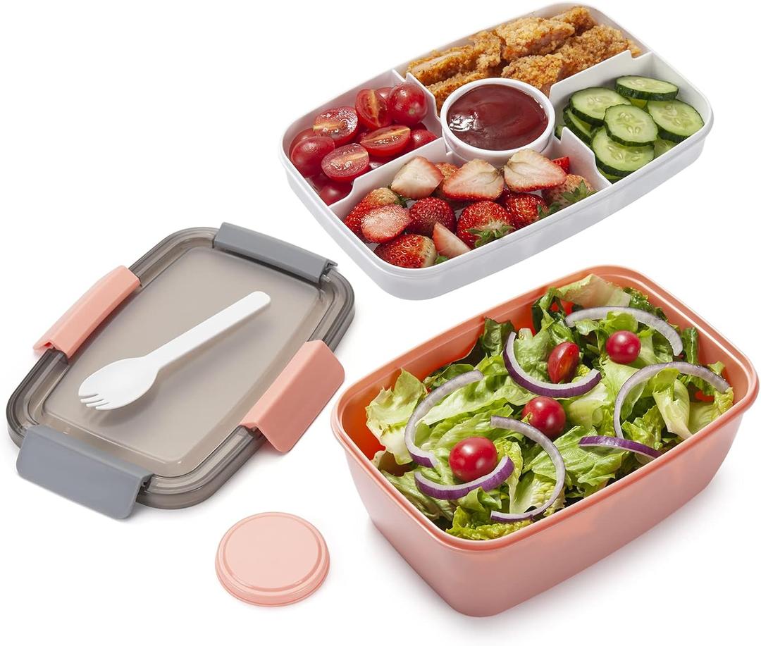 Freshmage Salad Lunch Container To Go, 68-oz Bowls with 4 Compartments, Dressing Container for Toppings, Snacks, Men, Women (Pink-XL)