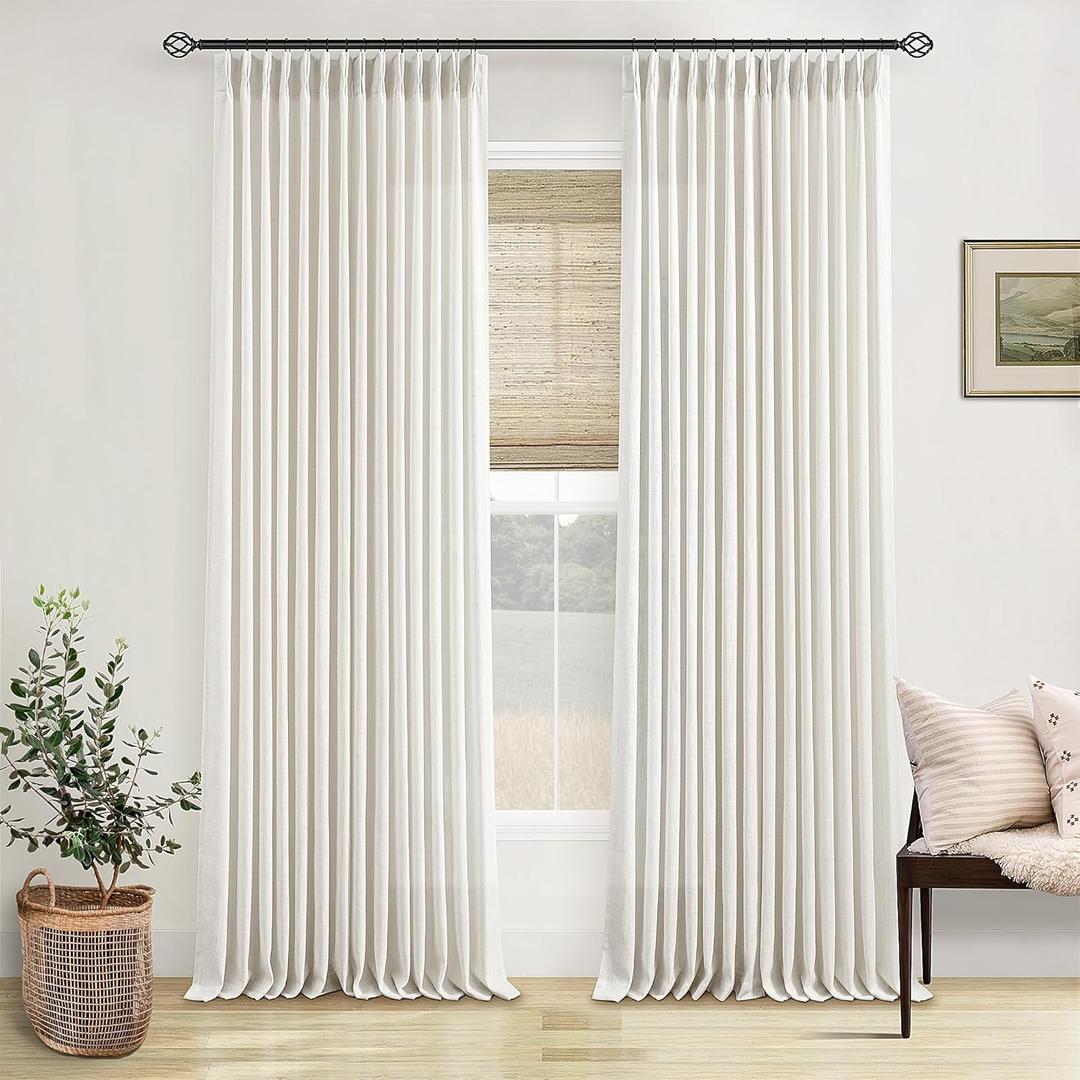 Pinch Pleated Linen Curtains 108 Inches Long for Living Room 2 Panels Set Cream Ivory Flax Double Pleated Drapes Back Tab Neutral Boho Ceiling Floor 108 Inch Window Curtains Bedroom Natural Birch, 40"W x 108"L