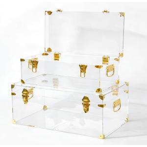 Vixdonos Acrylic Storage Chest Decorative Trunk Set of 2 Keepsake Box College Dorm Organizer with Hardware Hasps and Handle for Home Deocr,23.7X14.2X9.5 Inches,Clear