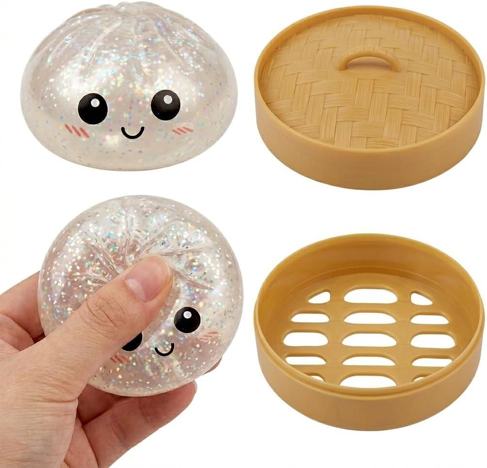 2 Pack Glitter Dumpling Squishies with Steamer Basket, Stress Relief Fidget Sensory Toy for Adults, Soft Squeeze Decompression Dough for Anxiety, Desk Decor, Party Favors