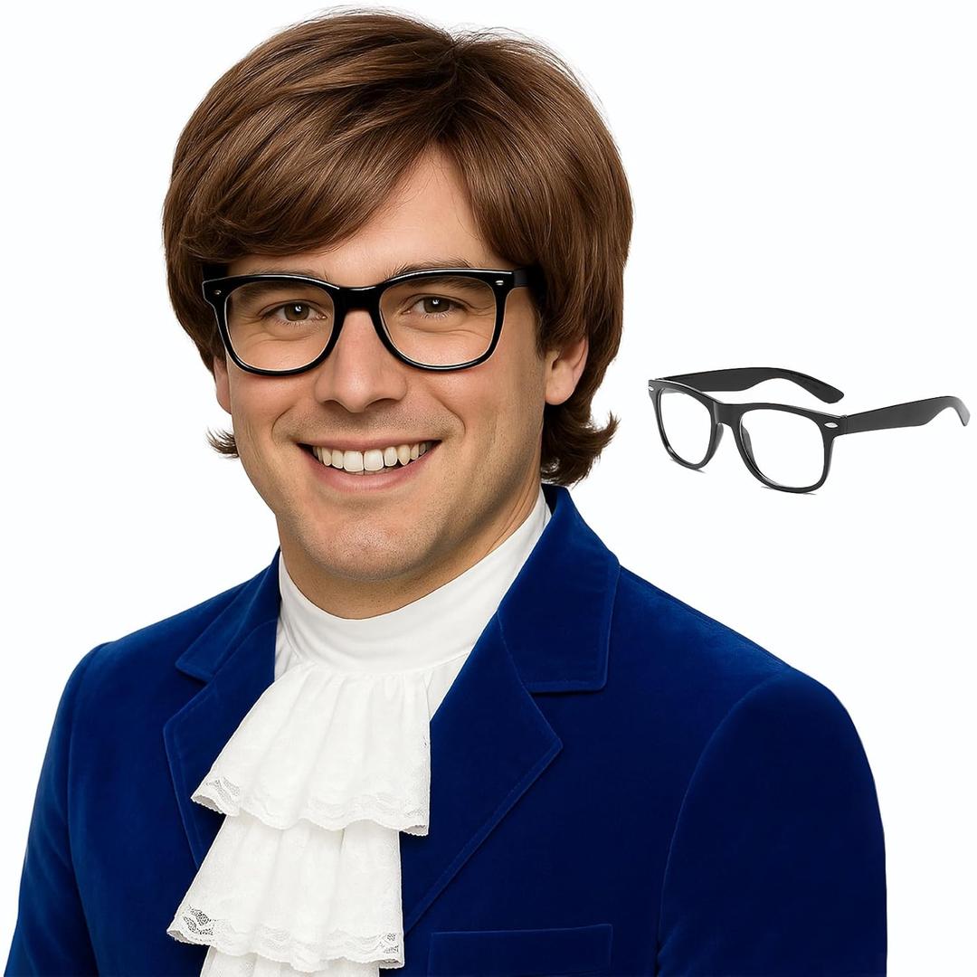 Shaggy Mens Wig Funny 70s Wigs for Men with Glasses for Disco Rocker Costumes - Short Brown Wig for 60s Cosplay Halloween Parties (Brown)