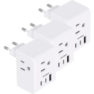 3 Pack European Travel Plug Adapter, One Beat International Power Plug Adapter with 3 Outlets 3 USB Ports(2 USB C), Type C Adapter Travel Essentials for US to Most Europe EU Italy France Germany Spain