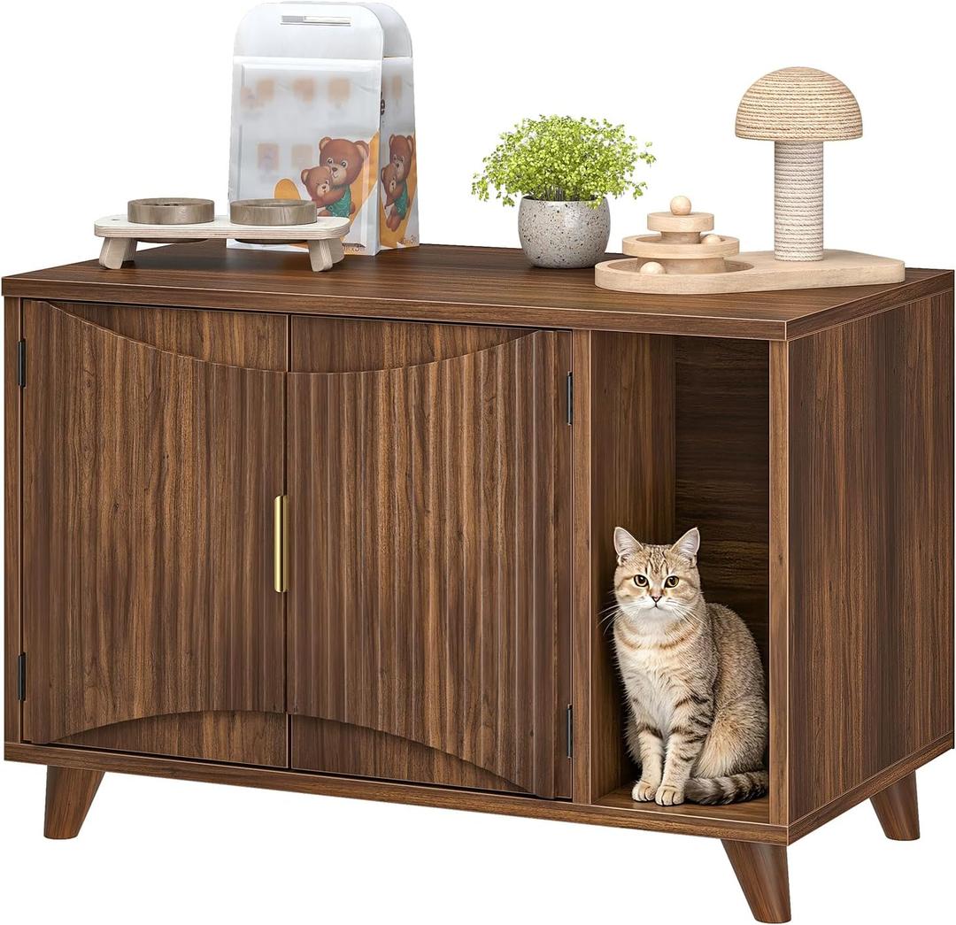 HOOBRO Cat Litter Box Enclosure, 31.5" Hidden Litter Box Furniture with Wave-Patterned Door & Side Entrance, Litter Box Cabinet with Raised Wooden Legs, Living Room End Side Table, Walnut WL28MW01