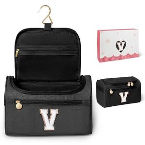 COSHAYSOO Tween Preteen Teen Girls Black Toiletry Bag Hanging Letter V | Monogrammed Initial Gifts for Teenage Girls Travel