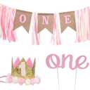 First Birthday Decorations, High Chair Banner Glitter 1st Cake Topper & Party Hat Set Pink Floral One Year Old Birthday Highchair Party Supplies for Photo Backdrop