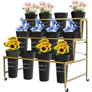 Flower Display Stand with Buckets,3-Tier Flower Stand,Heavy Duty flower stand display for Indoor Flower Bar,Flower Shop,Outdoor Flower Pop-Up Events flower holder (Black)